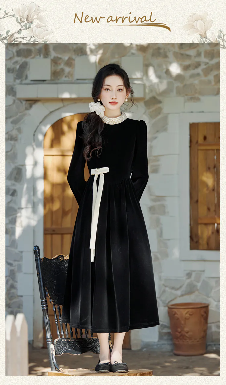 A-Line-French-Retro-Black-Long-Sleeve-Velvet-Fall-Winter-Casual-Dress06
