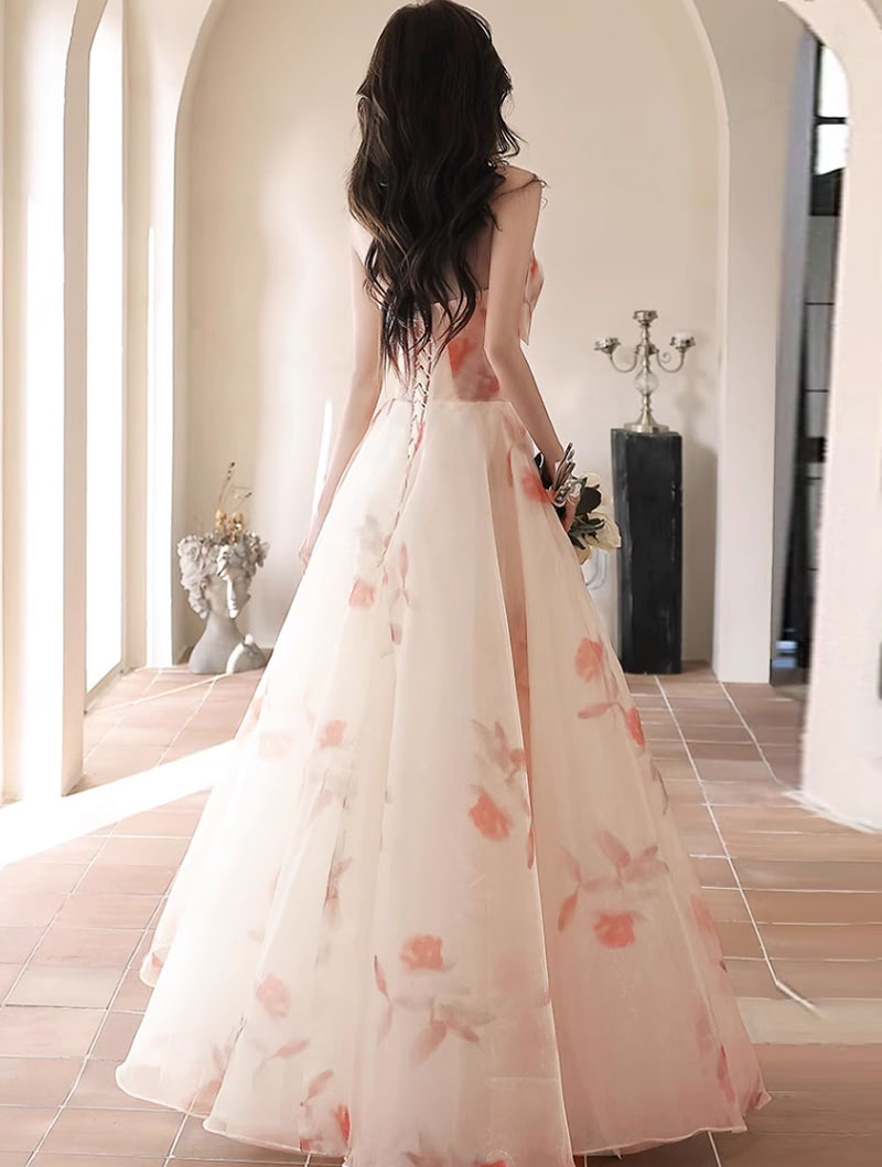 Aesthetic Floral Long Formal Prom Tube Dress Evening Gowns with Bow01