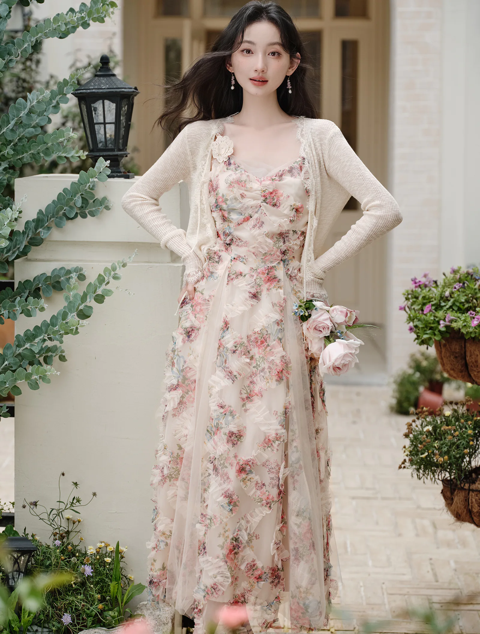 Aesthetic Floral Tulle Dress with Sheer Cardigan 2-Piece
