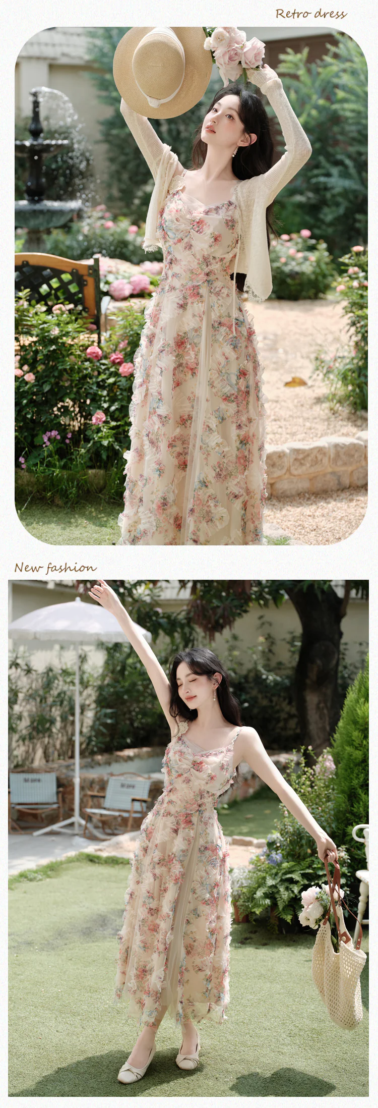 acka all sheer flower dress（beige） Aesthetic Floral Tulle Dress with Sheer Cardigan 2-Piece