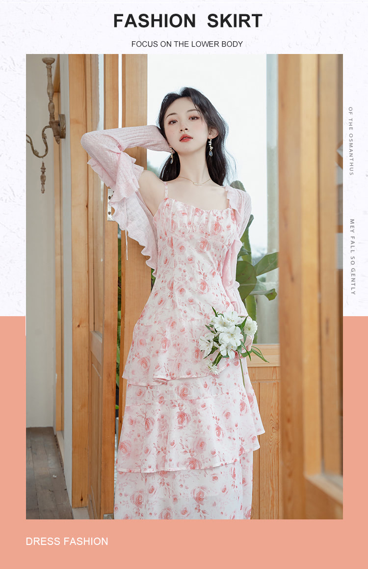 Aesthetic-Pink-Ruffle-Floral-Print-Casual-Vacation-Slip-Dress-with-Cardigan06