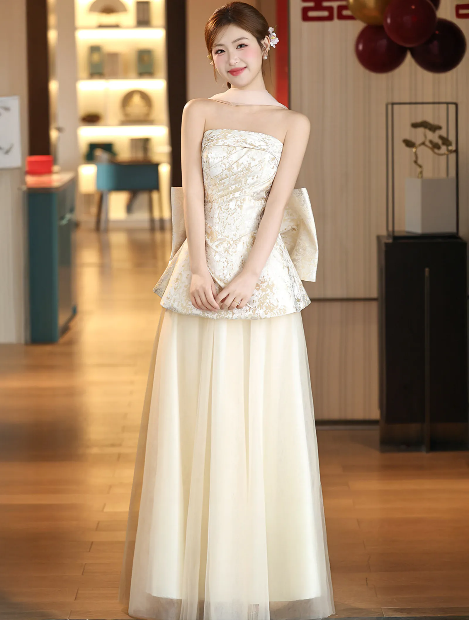 Champagne Jacquard Strapless Peplum Top Flowing Tulle Skirt Evening Gown05 Champagne Jacquard Strapless Peplum Top Flowing Tulle Skirt Evening Gown05