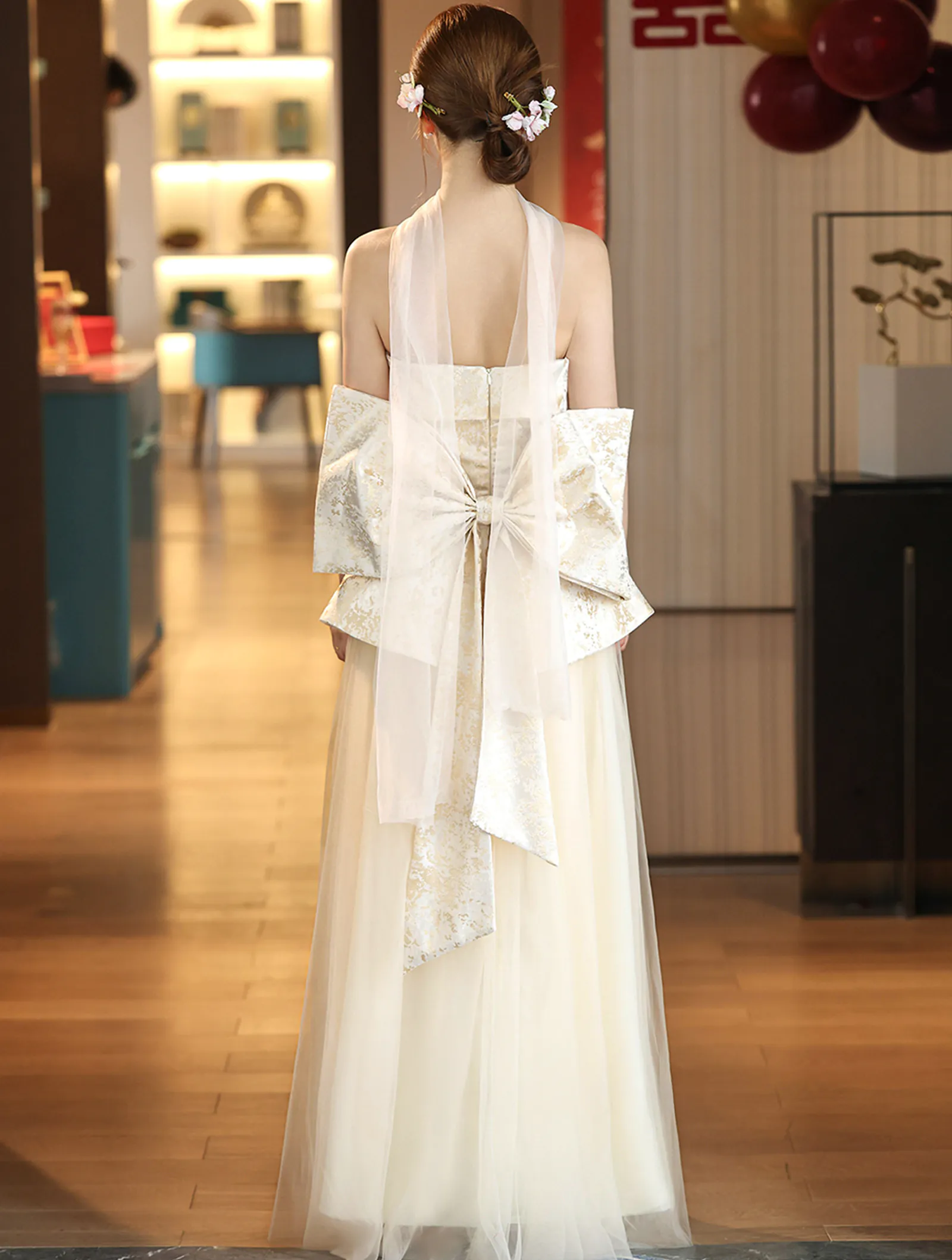 Champagne Jacquard Strapless Peplum Top Flowing Tulle Skirt Evening Gown06 Champagne Jacquard Strapless Peplum Top Flowing Tulle Skirt Evening Gown06