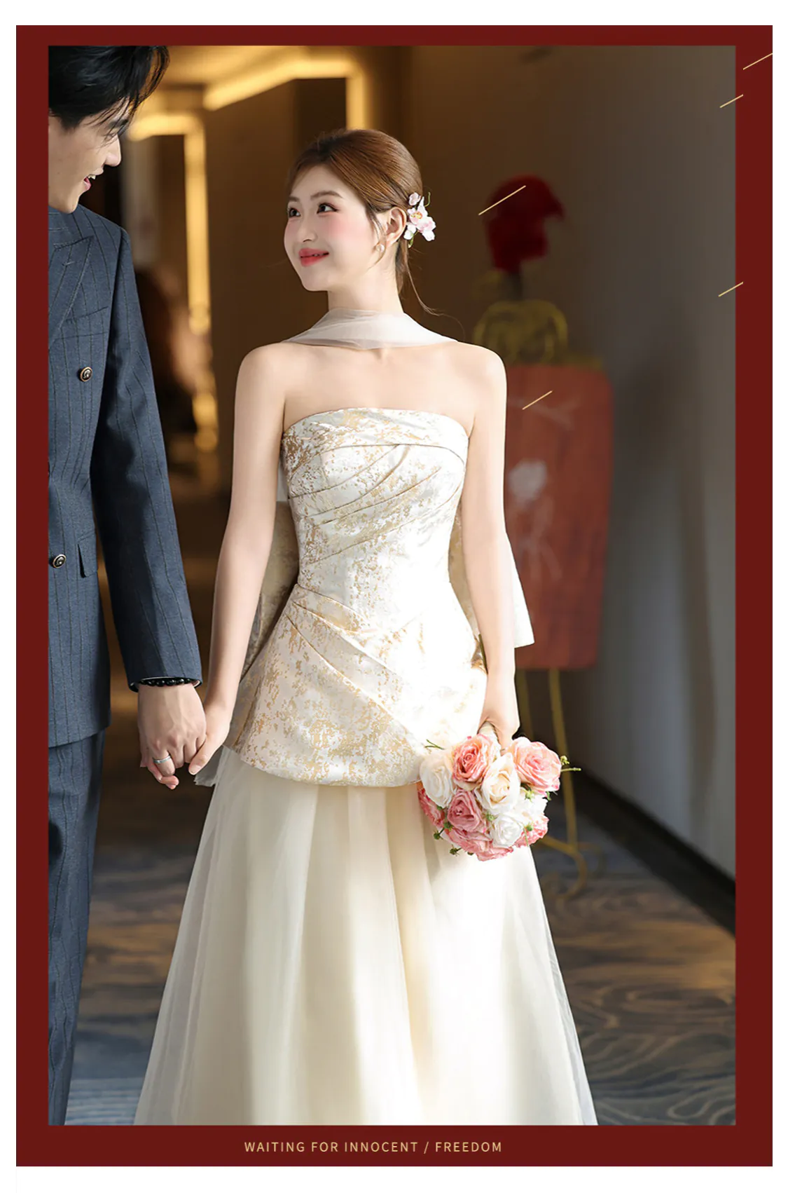 Champagne-Jacquard-Strapless-Peplum-Top-Flowing-Tulle-Skirt-Evening-Gown07