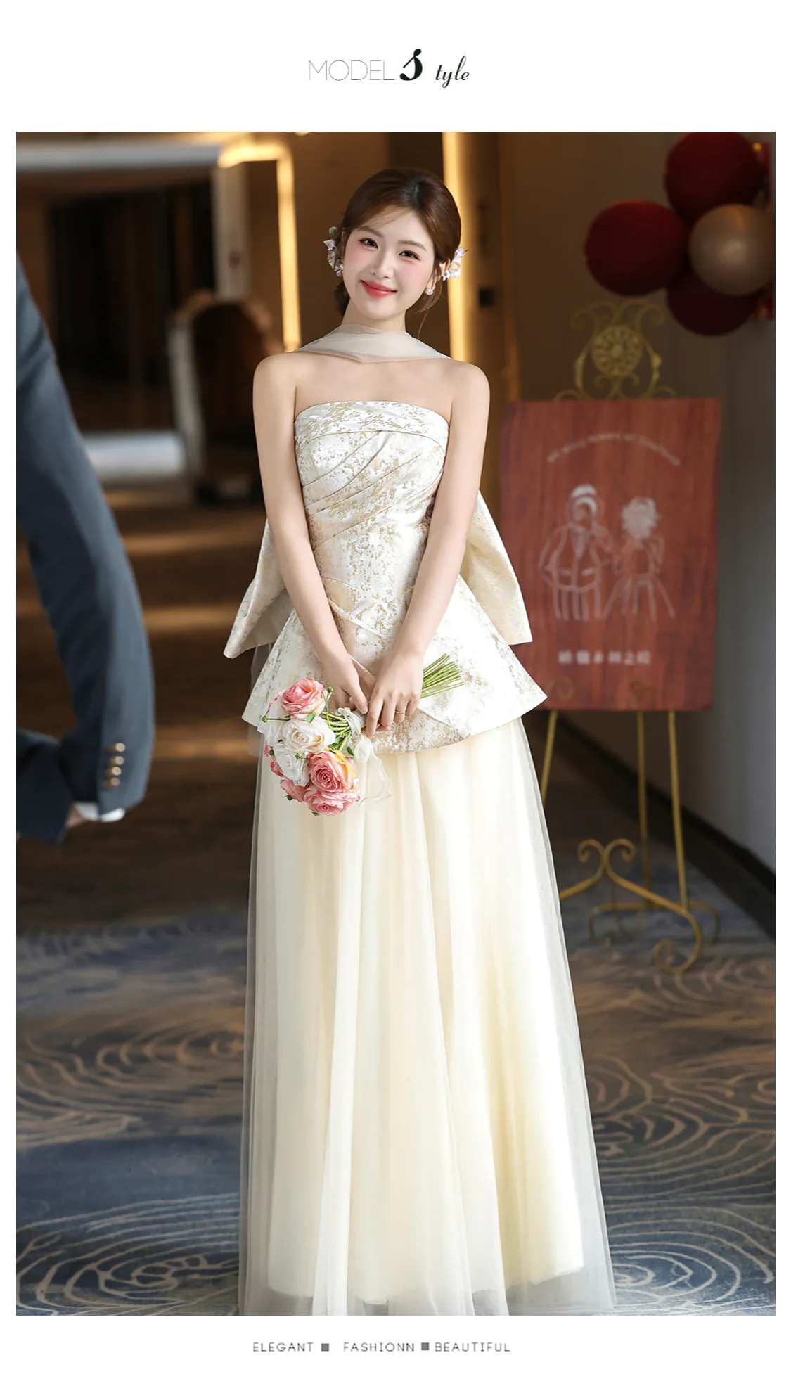 Champagne-Jacquard-Strapless-Peplum-Top-Flowing-Tulle-Skirt-Evening-Gown10