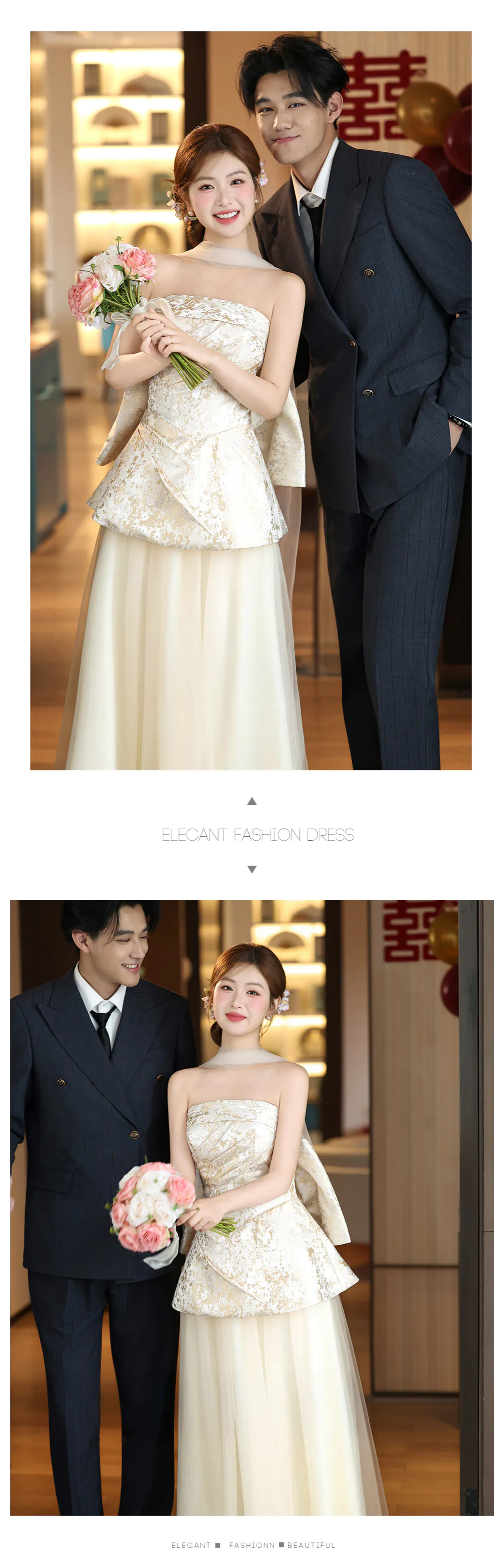 Champagne-Jacquard-Strapless-Peplum-Top-Flowing-Tulle-Skirt-Evening-Gown12