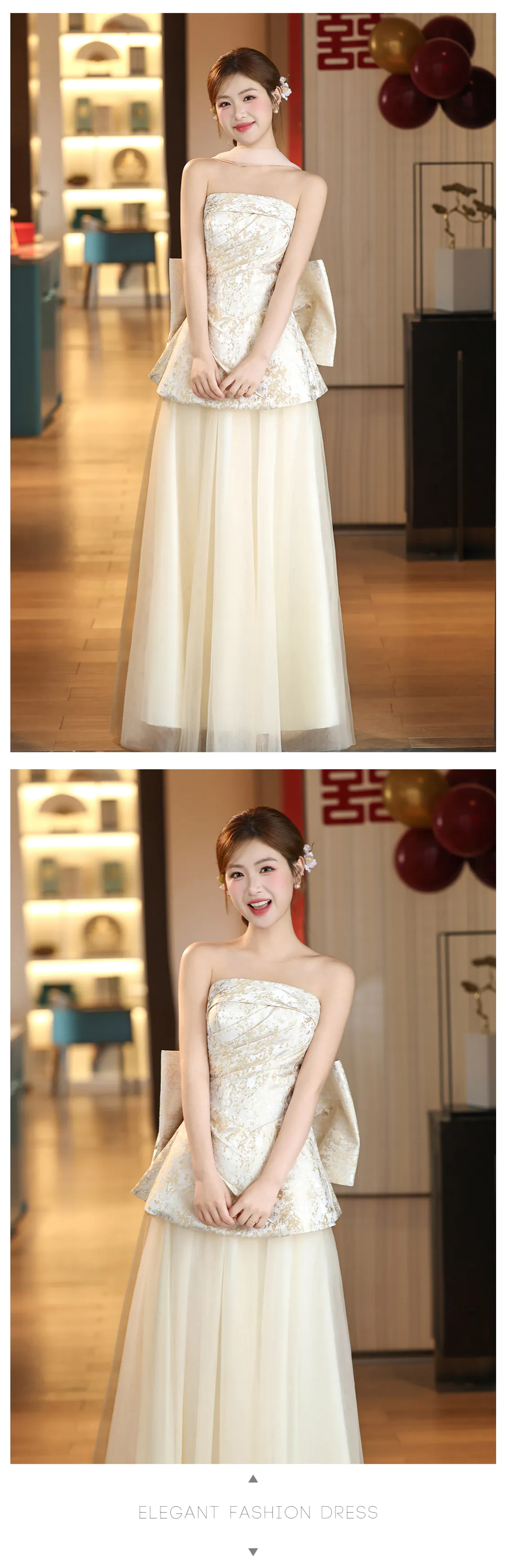Champagne-Jacquard-Strapless-Peplum-Top-Flowing-Tulle-Skirt-Evening-Gown13