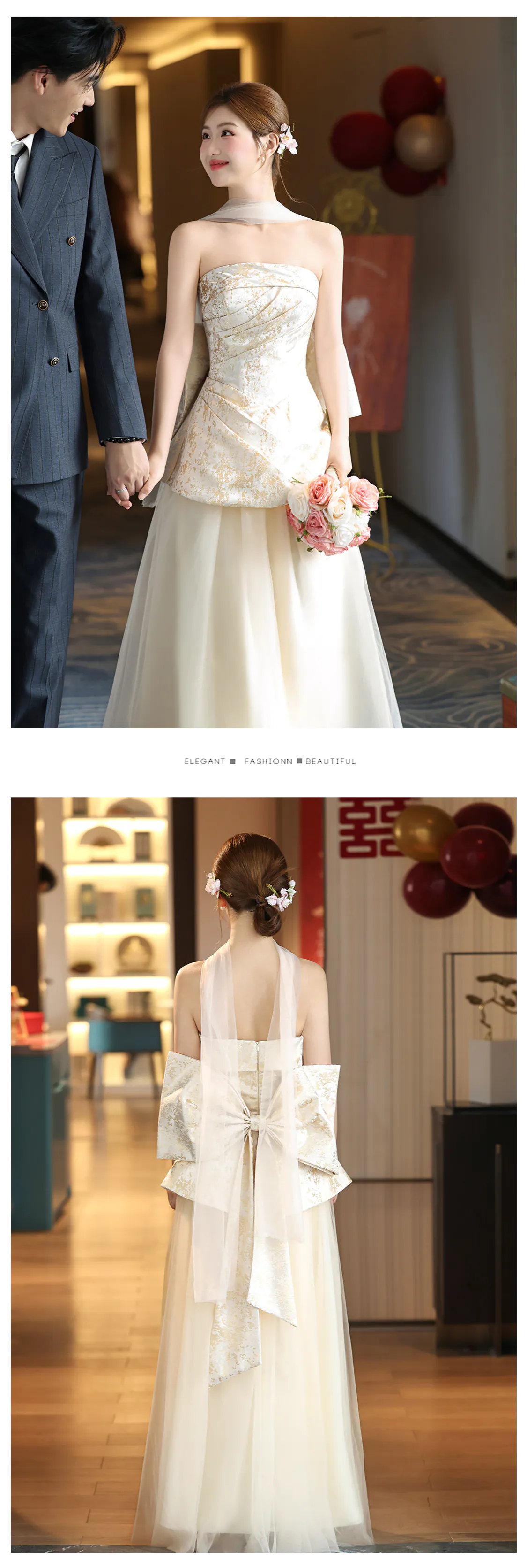 Champagne-Jacquard-Strapless-Peplum-Top-Flowing-Tulle-Skirt-Evening-Gown14