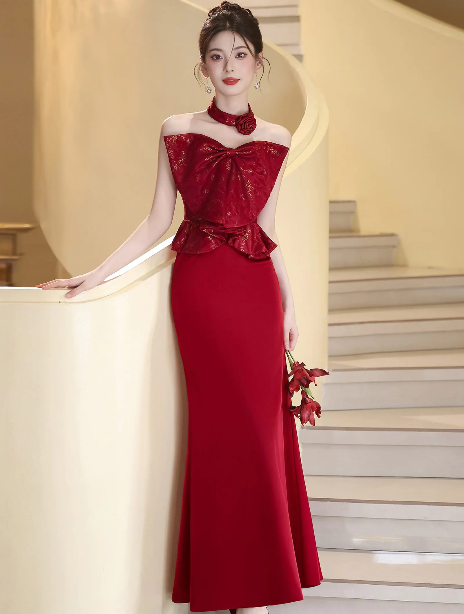 Chic Vintage Sleek Burgundy Strapless Evening Gown with Gold Brocade Bow01