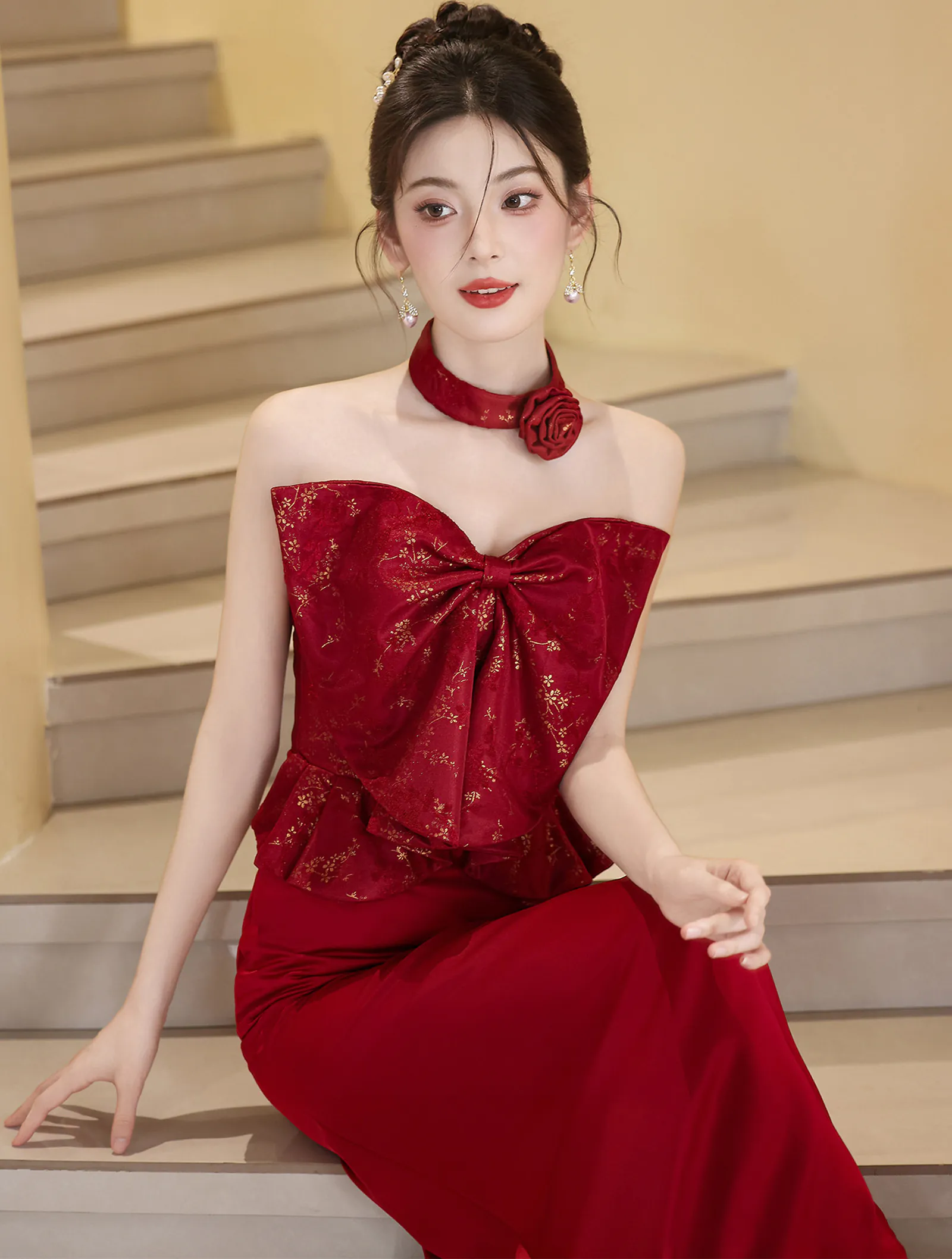 Chic Vintage Sleek Burgundy Strapless Evening Gown with Gold Brocade Bow02