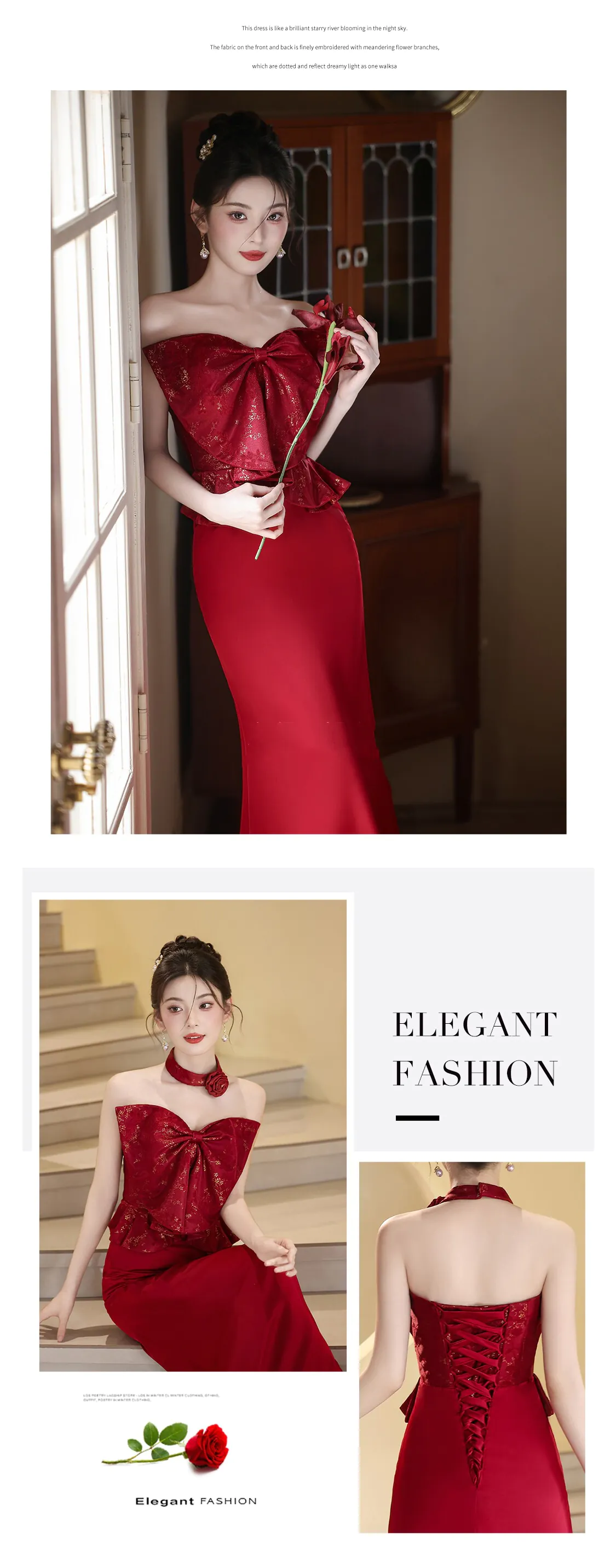 Chic-Vintage-Sleek-Burgundy-Strapless-Evening-Gown-with-Gold-Brocade-Bow11