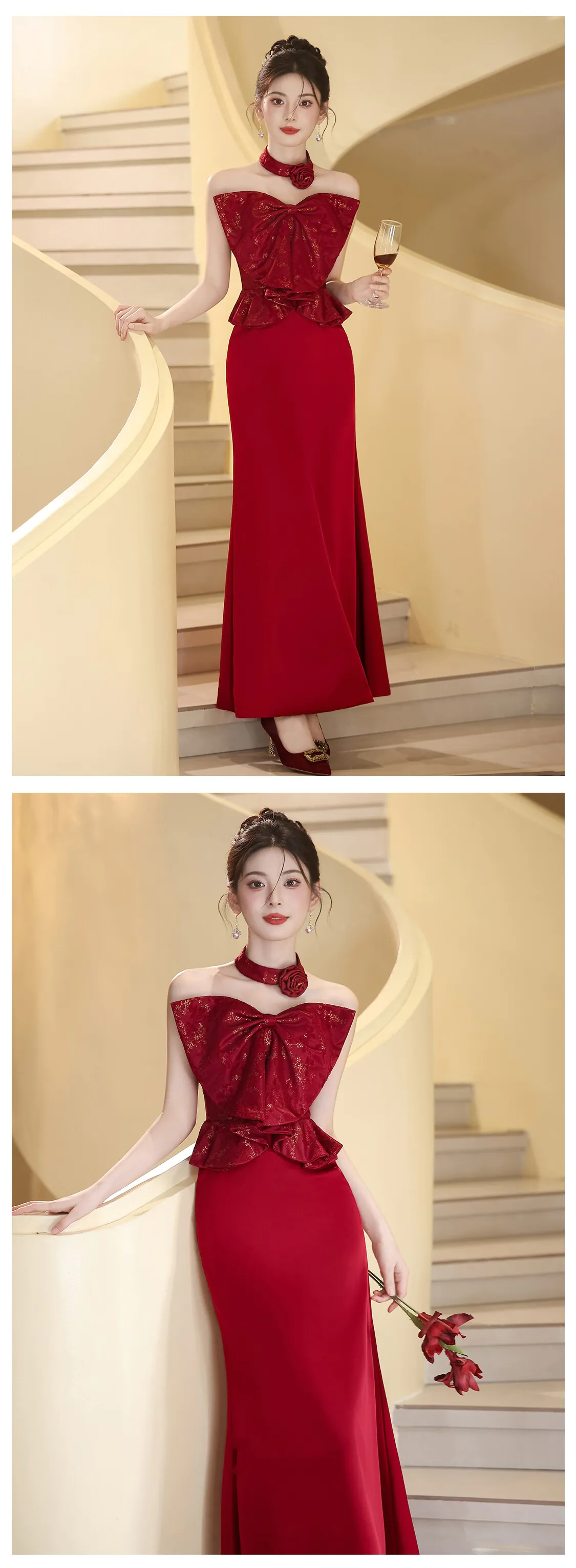 Chic-Vintage-Sleek-Burgundy-Strapless-Evening-Gown-with-Gold-Brocade-Bow12