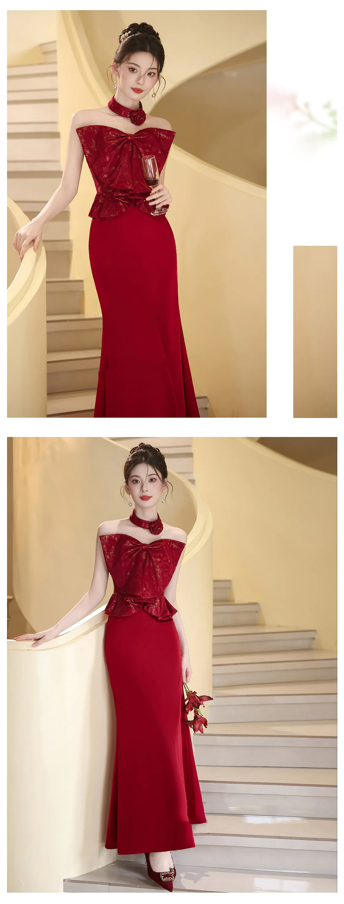 Chic-Vintage-Sleek-Burgundy-Strapless-Evening-Gown-with-Gold-Brocade-Bow13