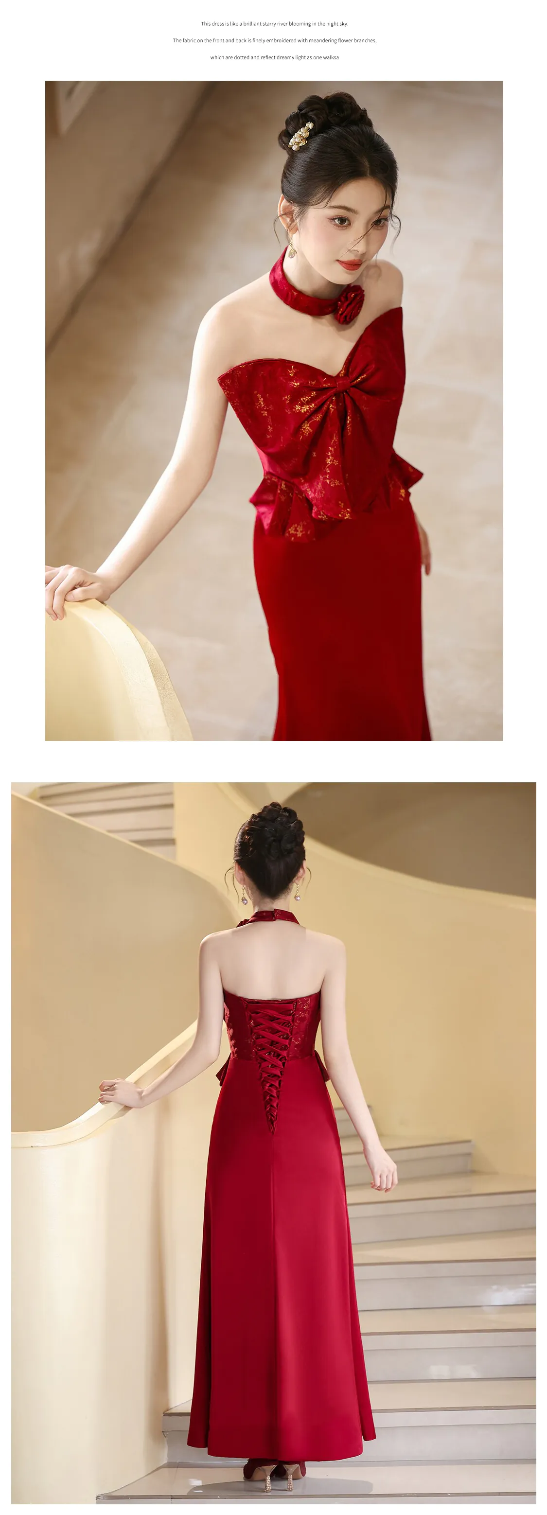 Chic-Vintage-Sleek-Burgundy-Strapless-Evening-Gown-with-Gold-Brocade-Bow14