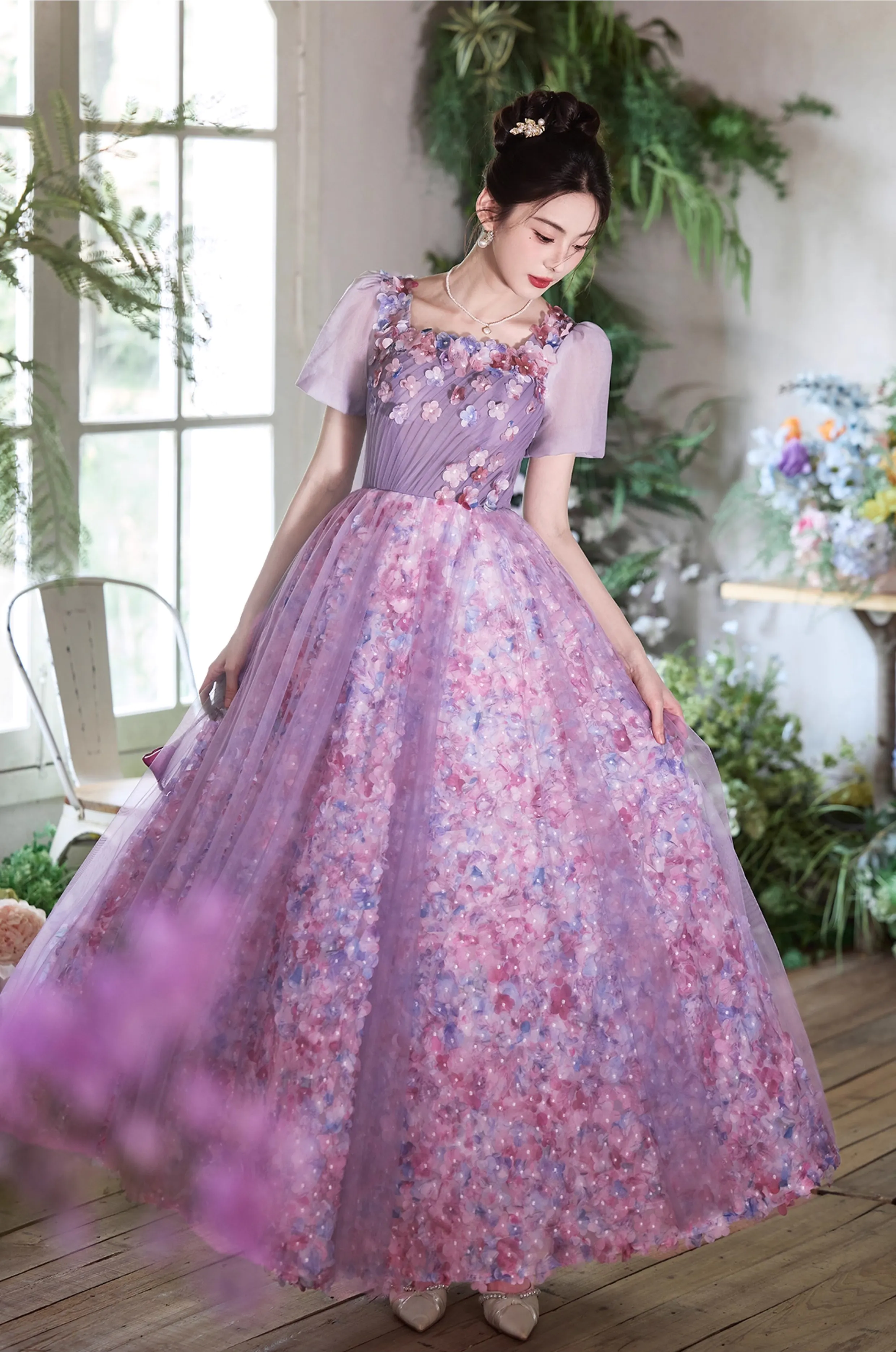 Dreamy Purple 3D Floral Tulle Princess Prom Dress Violet Formal Gown (Size: XL)