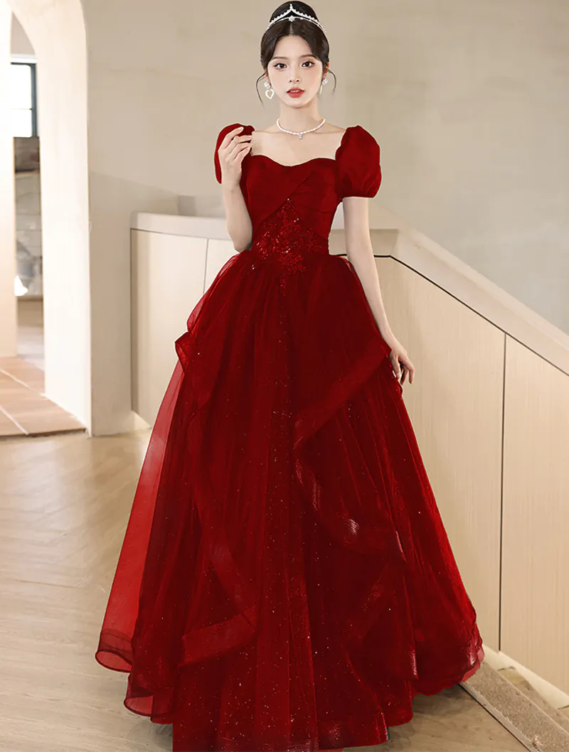 Elegant Burgundy Short Sleeve Prom Long Dress Evening Ball Gown01