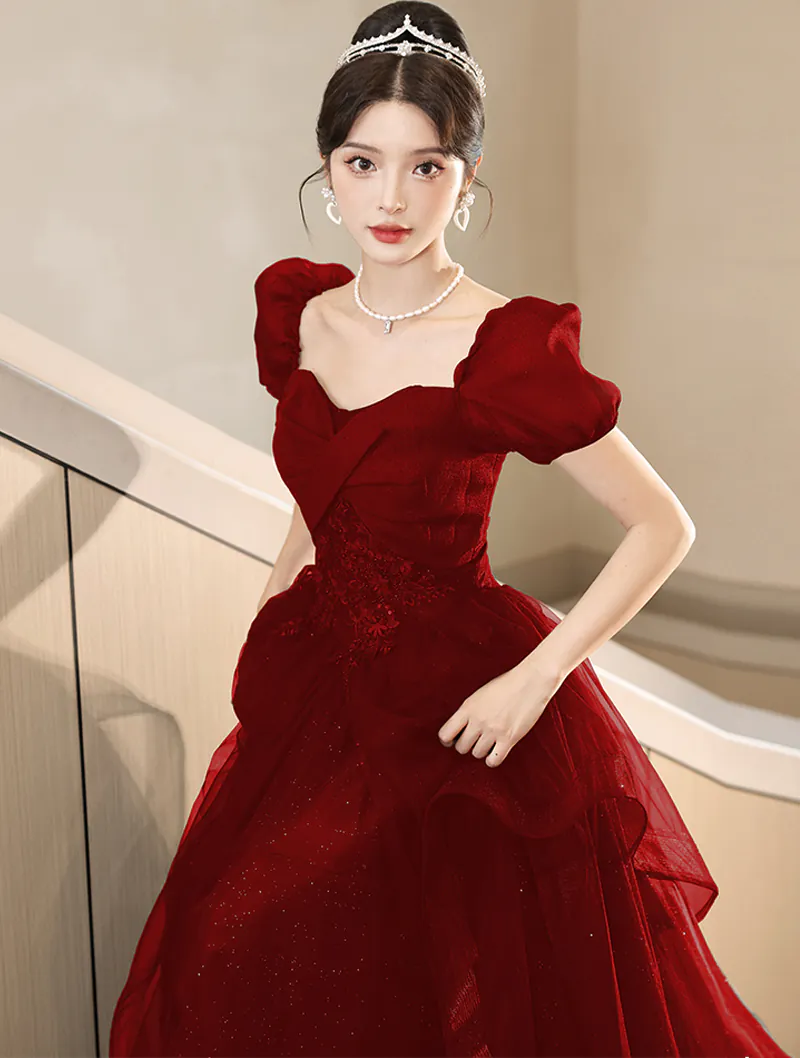 Elegant Burgundy Short Sleeve Prom Long Dress Evening Ball Gown02