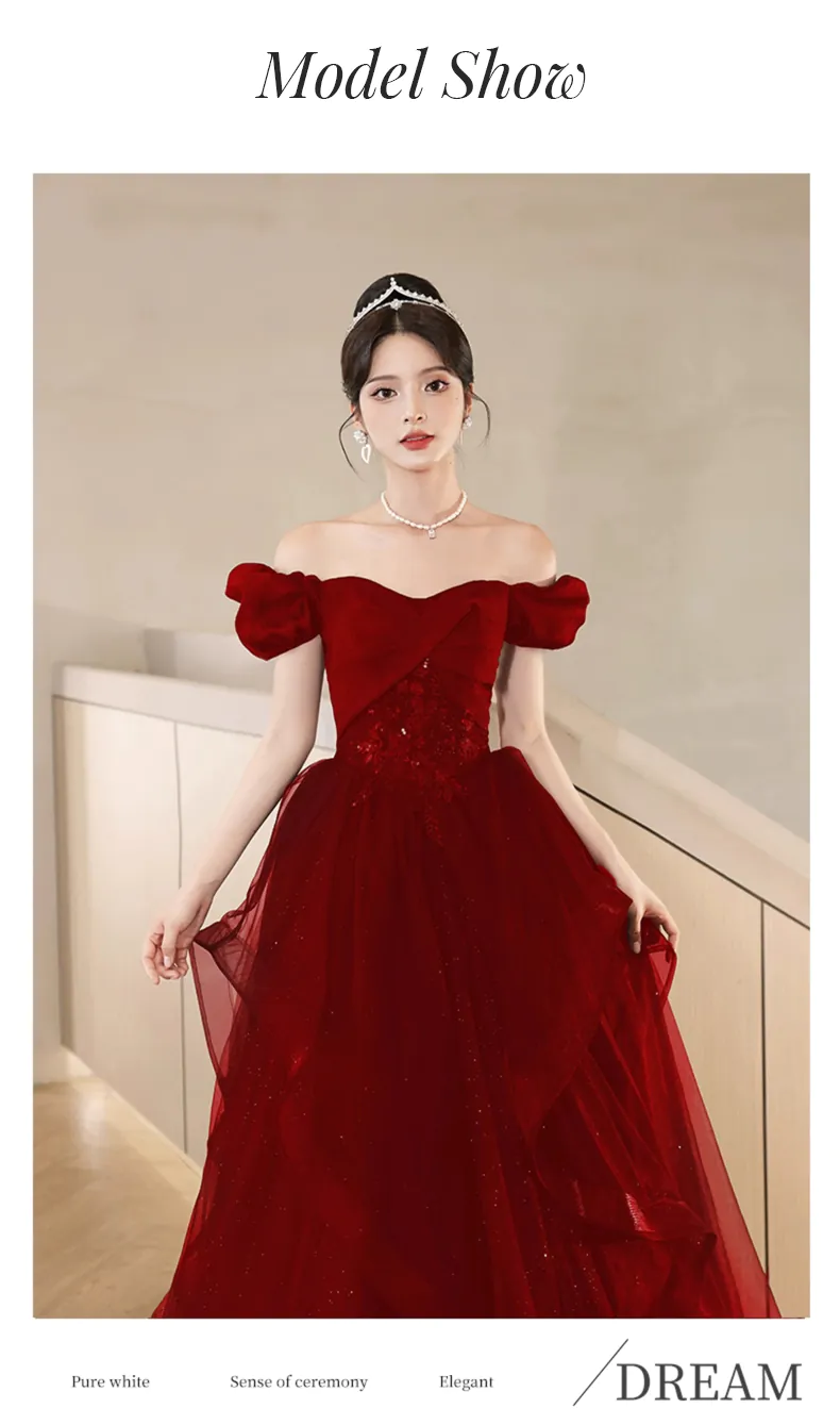 Elegant Off Shoulder Burgundy Satin Long Prom Dresses, Off the Shoulde –  Shiny Party