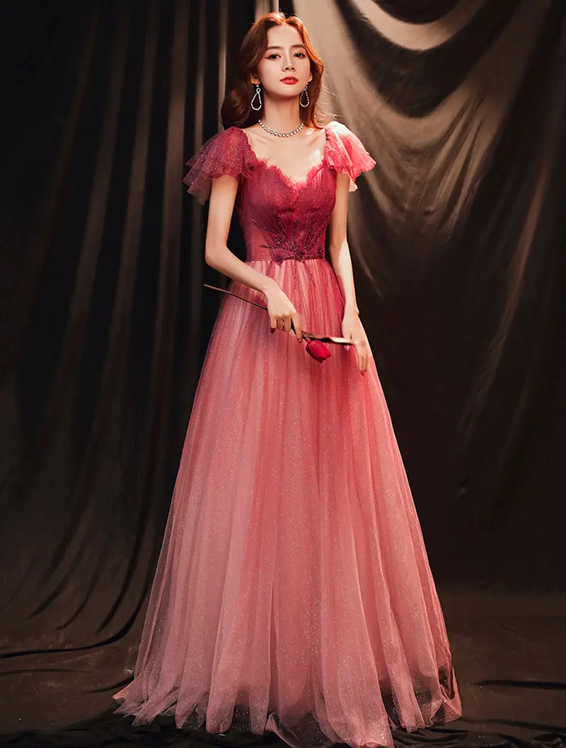 Elegant Gradient Red Off shoulder Long Dress01