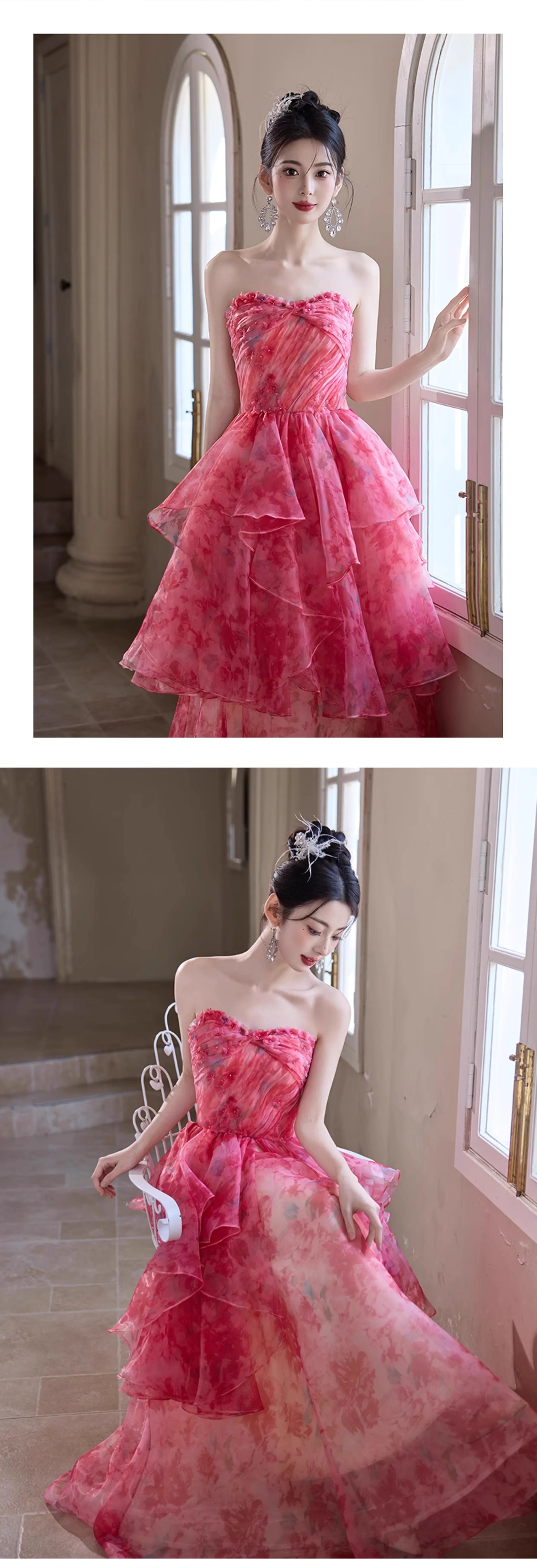 Fairy-Blush-Pink-Strapless-Ruffle-Tiered-Skirt-Floral-Prom-Party-Dress-Ball-Gown12