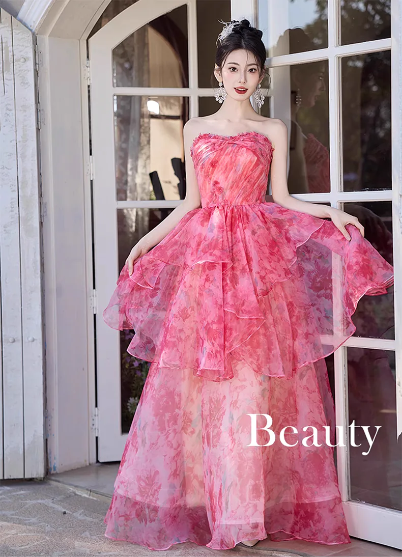 Fairy-Blush-Pink-Strapless-Ruffle-Tiered-Skirt-Floral-Prom-Party-Dress-Ball-Gown14