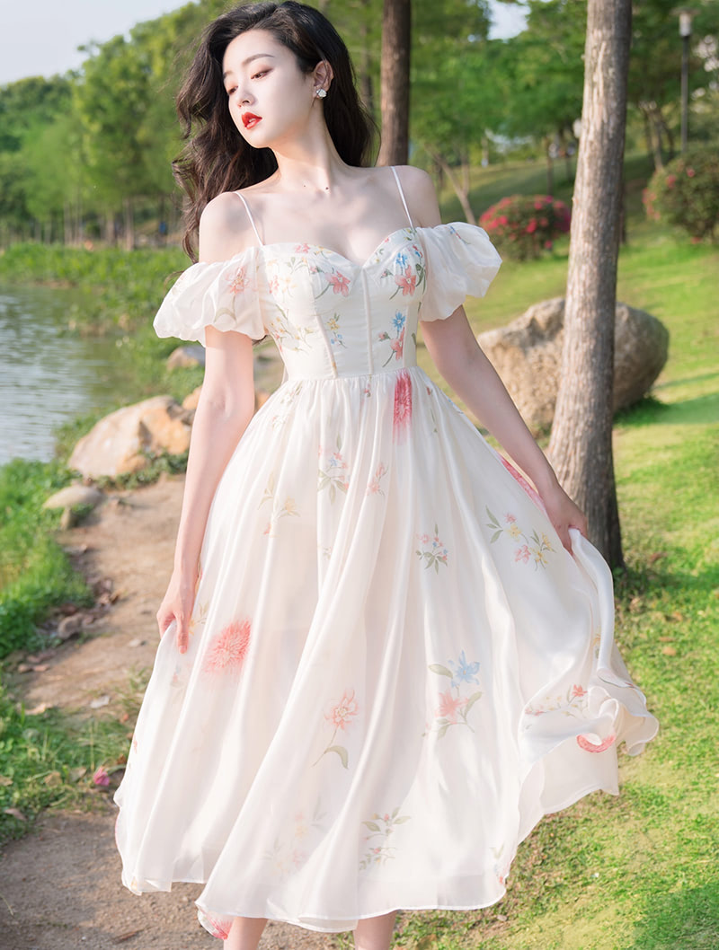 Fresh Off Shoulder Puff Sleeve Floral Summer Casual Slip Dress01