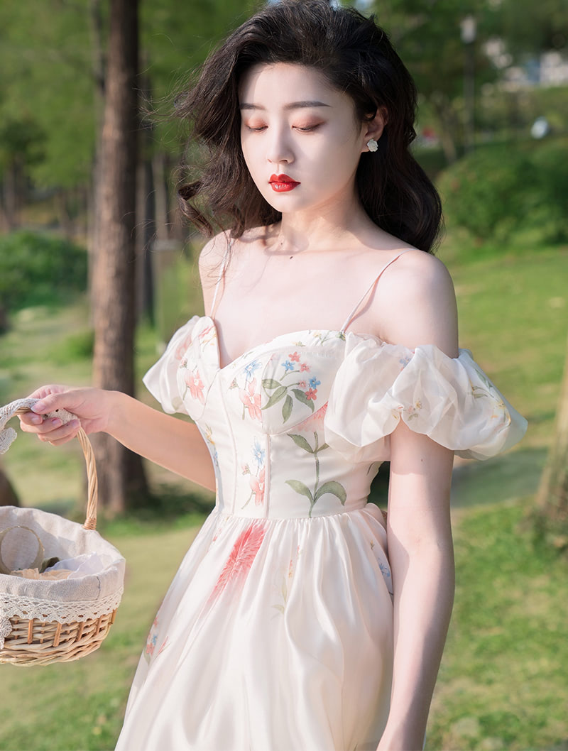 Fresh Off Shoulder Puff Sleeve Floral Summer Casual Slip Dress03