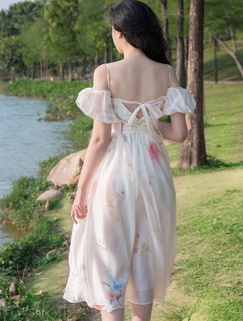 Fresh Off Shoulder Puff Sleeve Floral Summer Casual Slip Dress05