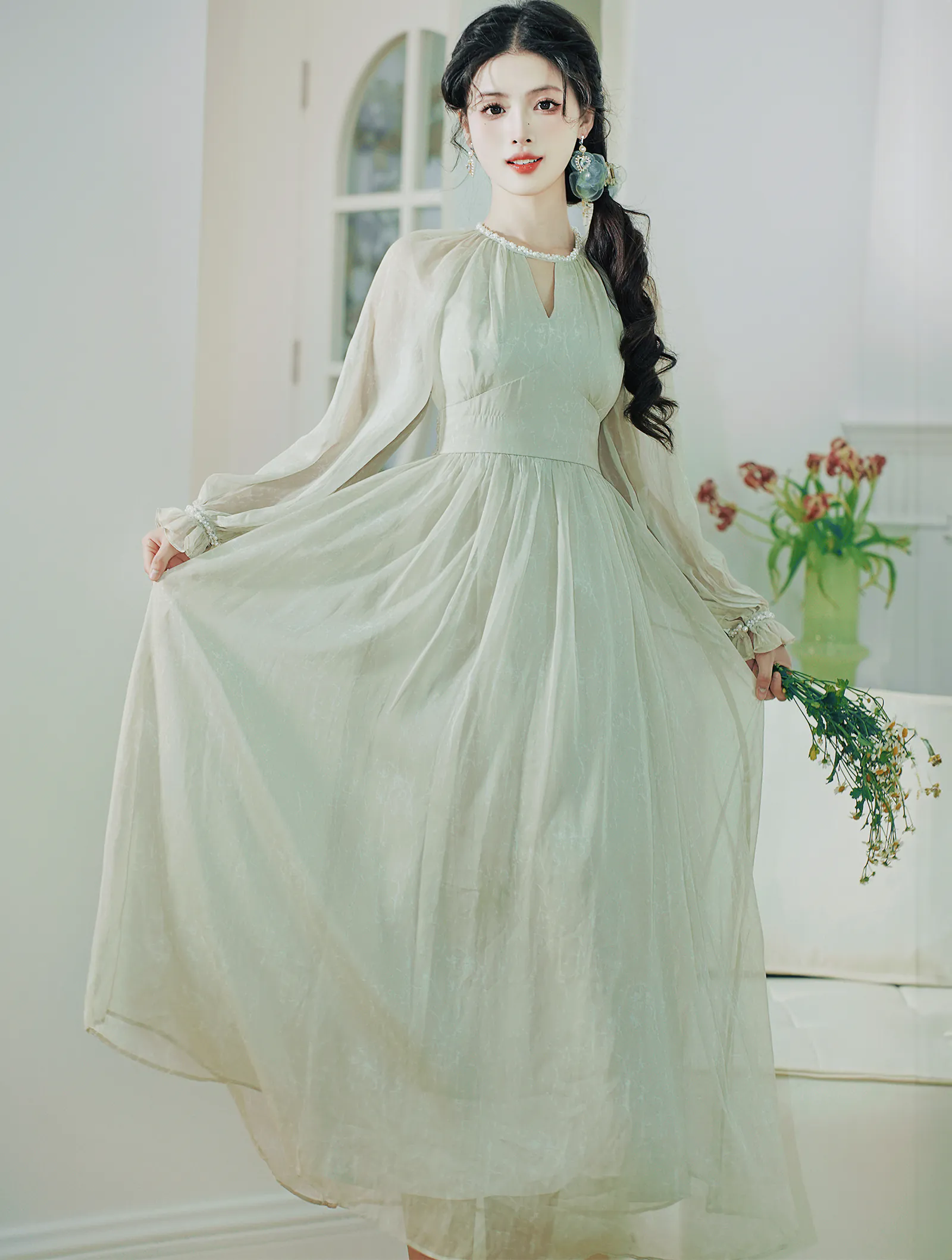Ladies Gentle French Style Pale Green Chiffon Flowy Summer Casual Dress02
