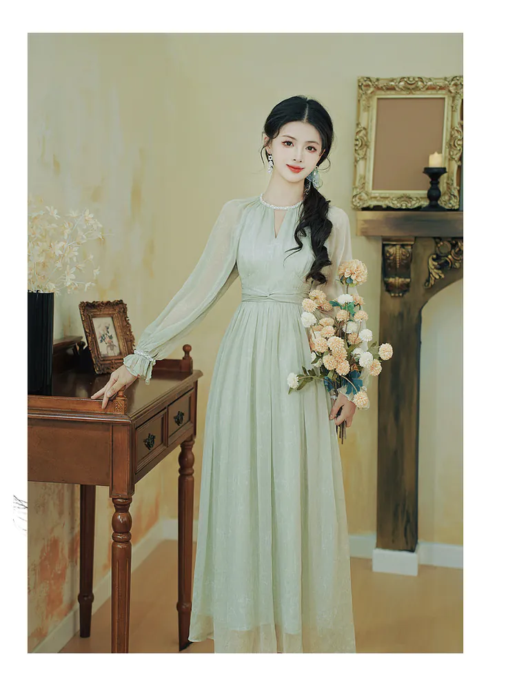 Ladies-Gentle-French-Style-Pale-Green-Chiffon-Flowy-Summer-Casual-Dress11