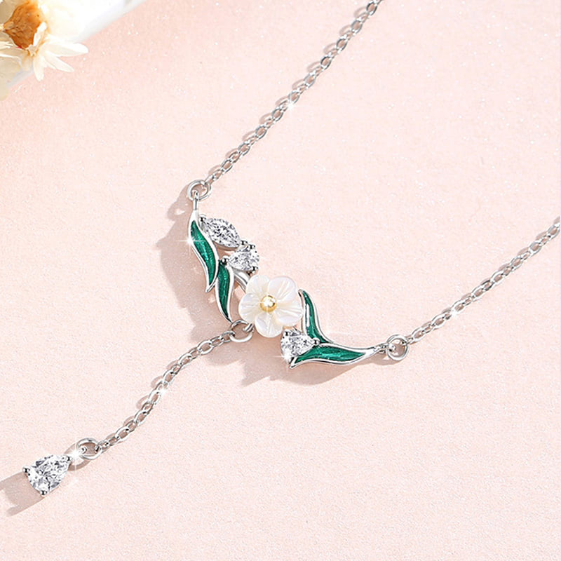 Ladies S925 Silver Flower Leaf Tassel Necklace Pendant Jewelry03