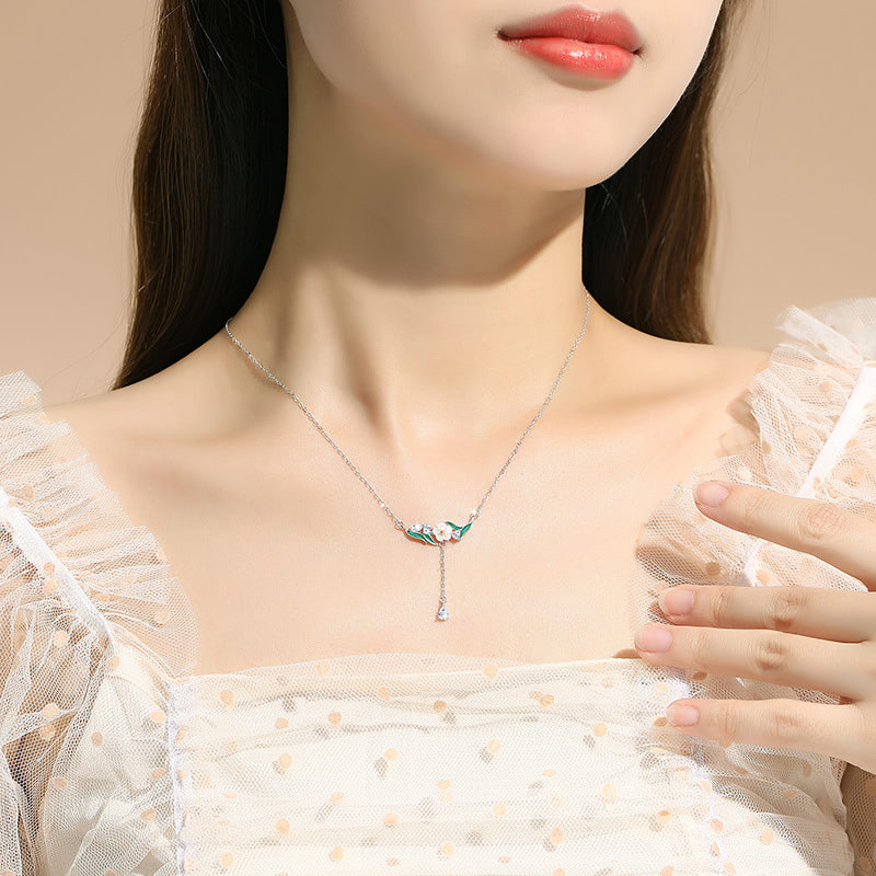 Ladies S925 Silver Flower Leaf Tassel Necklace Pendant Jewelry05