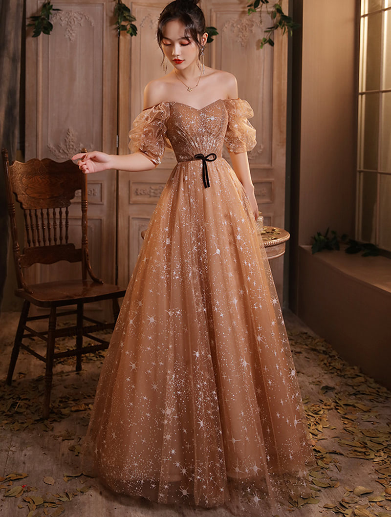 Luxury Champagne Color Full Length Evening Party Dress01