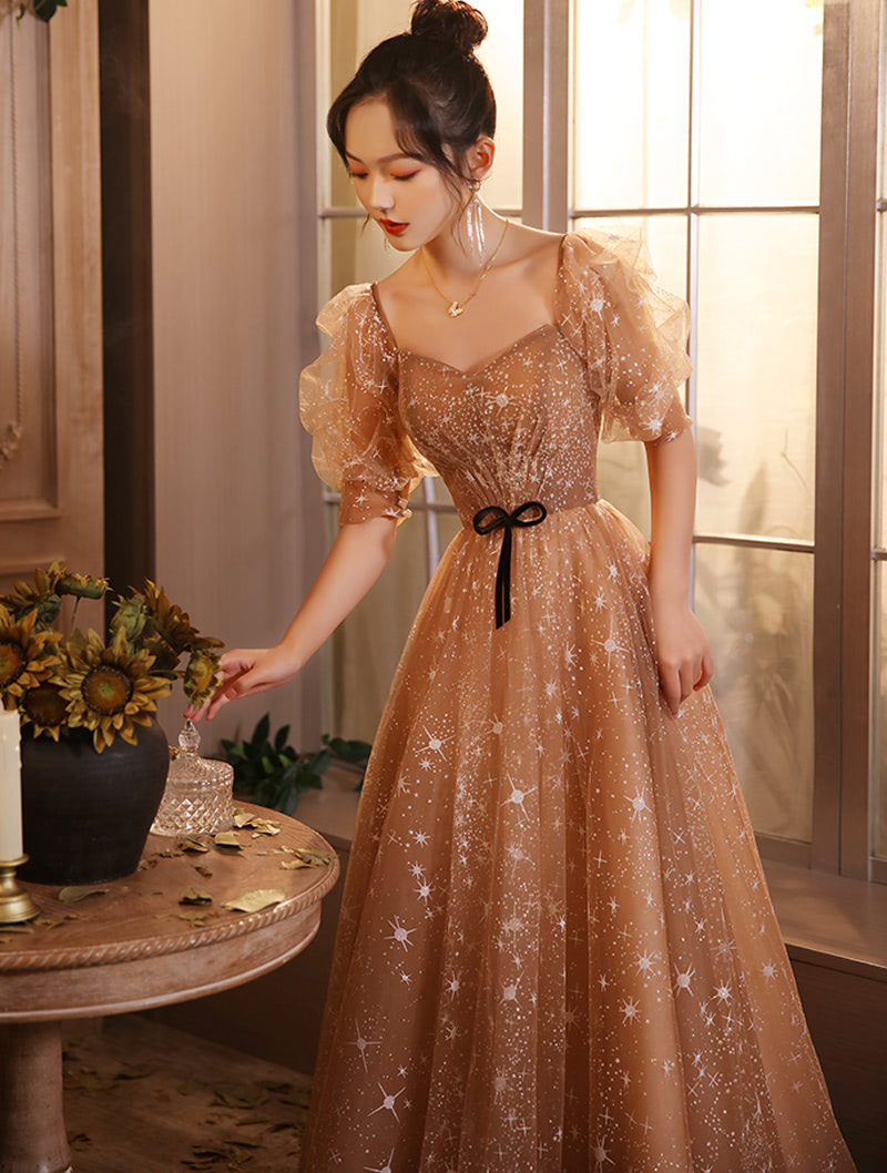 Luxury Champagne Color Full Length Evening Party Dress03