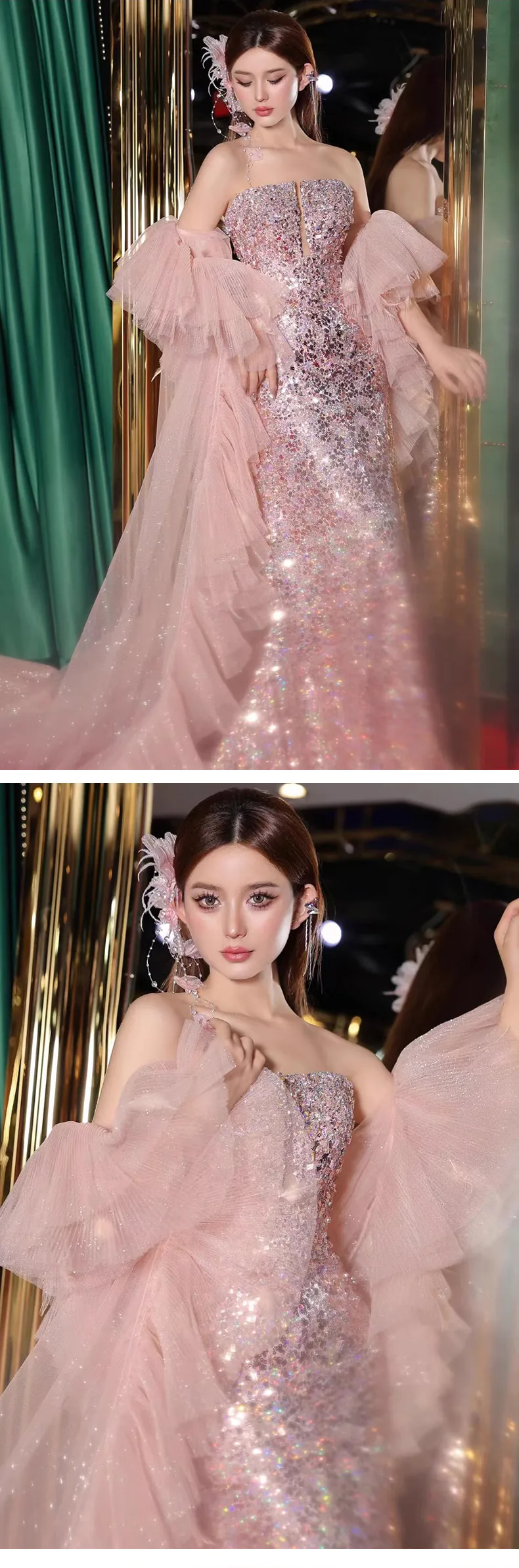 Luxury-Pink-Strapless-Sequin-Evening-Gown-Prom-Party-Formal-Long-Dress11