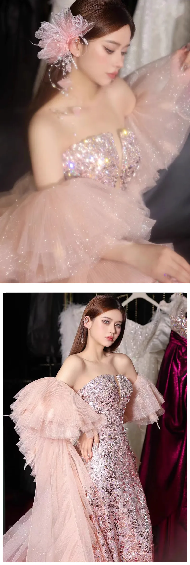 Luxury-Pink-Strapless-Sequin-Evening-Gown-Prom-Party-Formal-Long-Dress12
