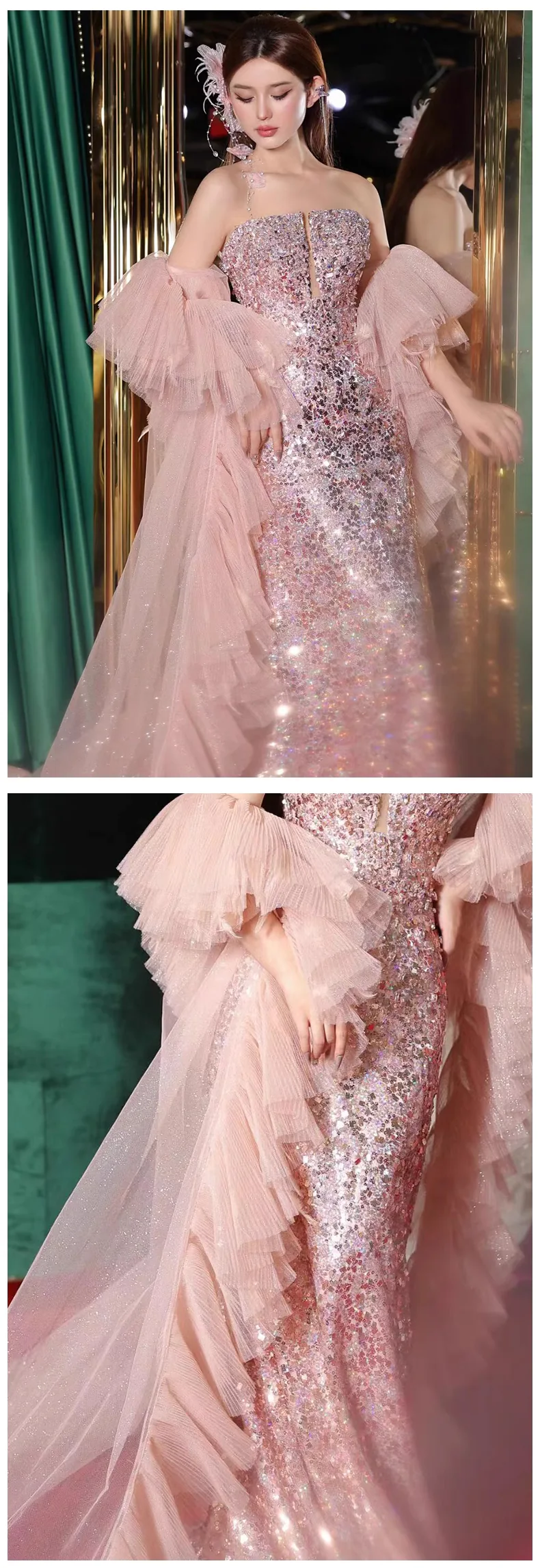 Blush Pink Sequin Appliques Strapless Trumpet Long Formal Dress VK23122402
