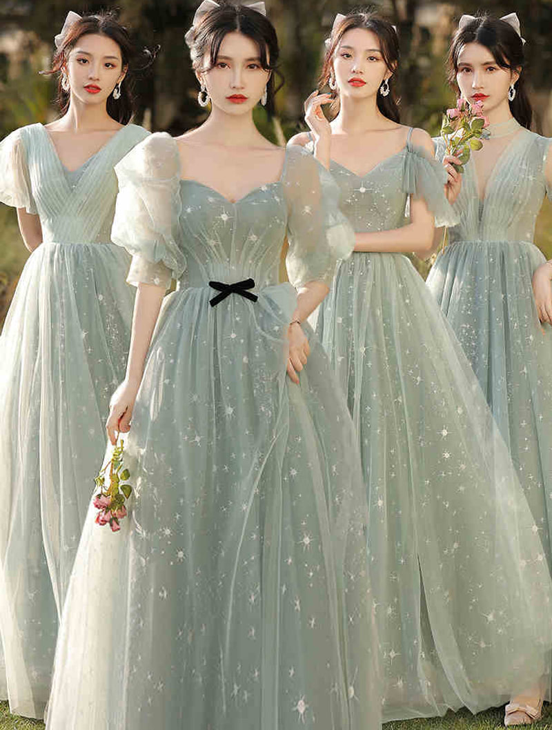 Mint Green Boho Wedding Long Bridesmaid Dress with Sleeves02