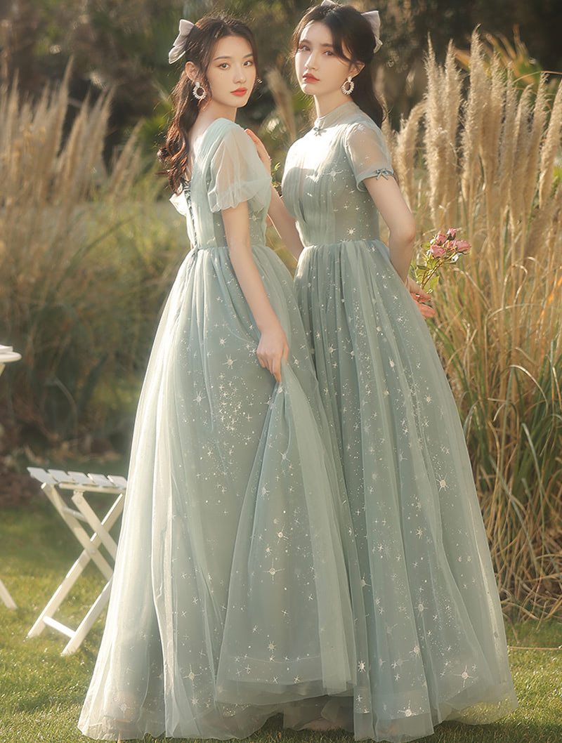 Mint Green Boho Wedding Long Bridesmaid Dress with Sleeves01