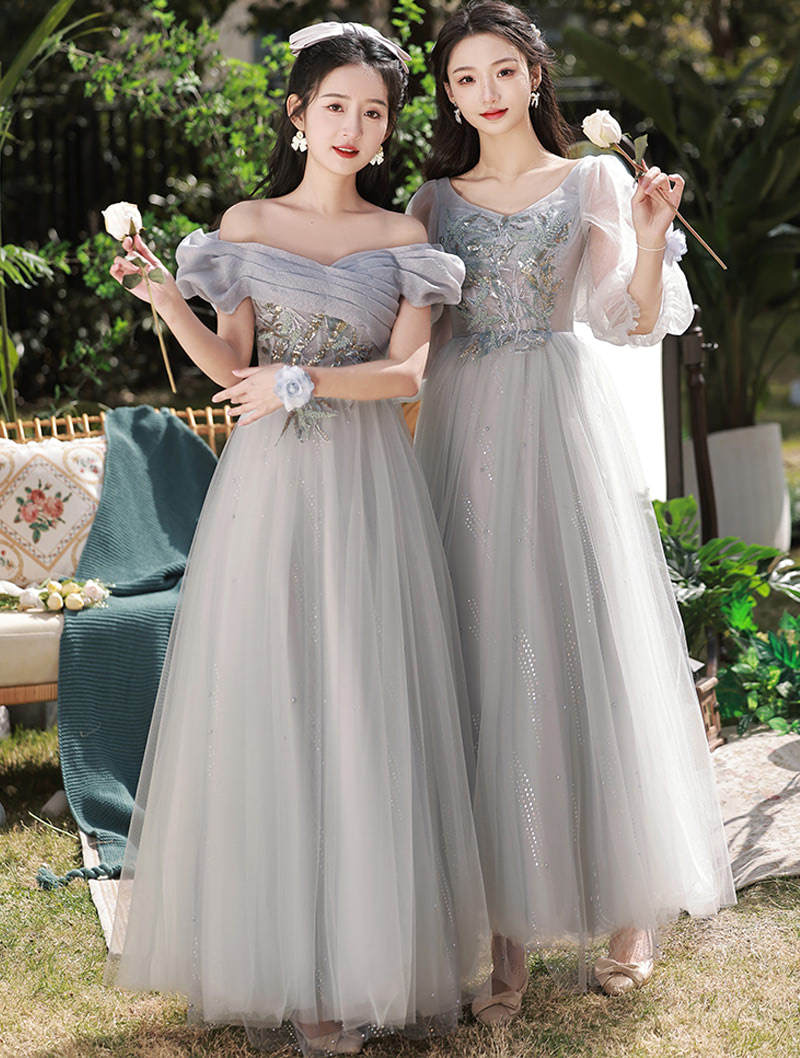 Gray tulle bridesmaid dress hotsell