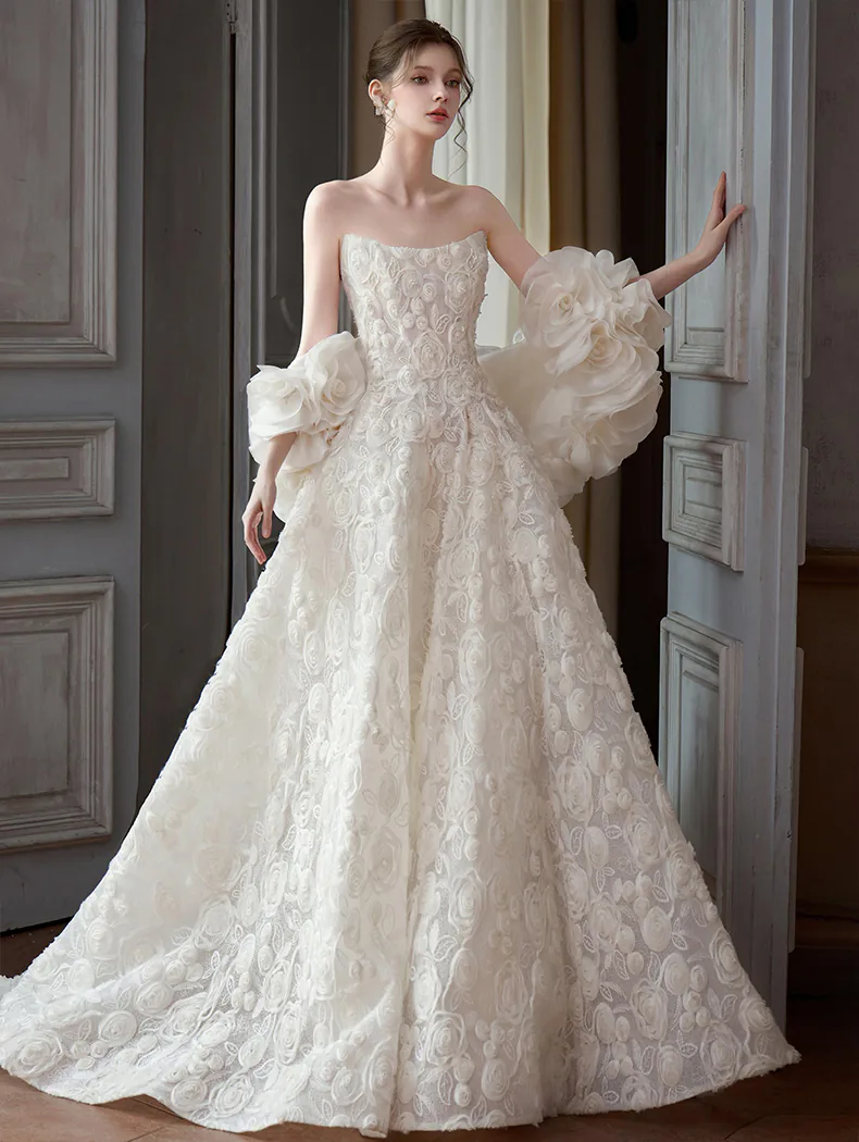 Romantic-A-Line-Couture-Organza-3D-Floral-White-Prom-Dress-Bridal-Gown07