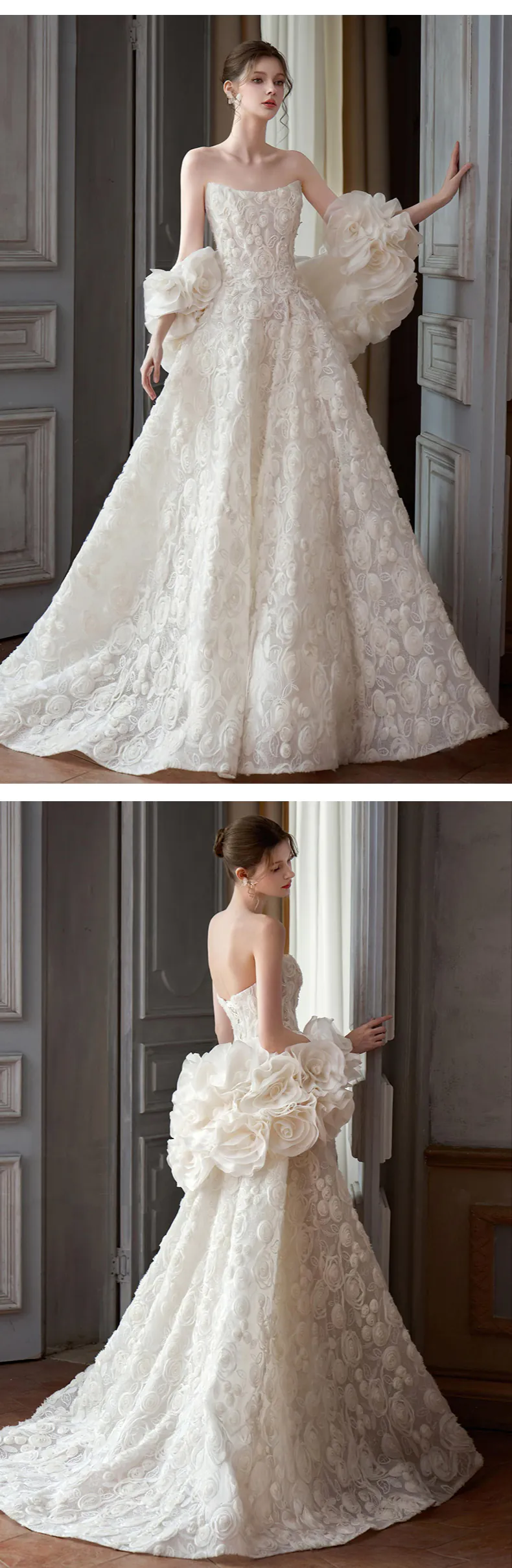Romantic-A-Line-Couture-Organza-3D-Floral-White-Prom-Dress-Bridal-Gown13