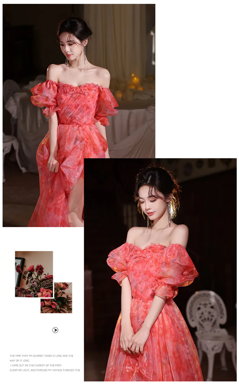 Romantic-A-Line-Red-Organza-Short-Puff-Sleeves-Off-Shoulder-Evening-Dress10