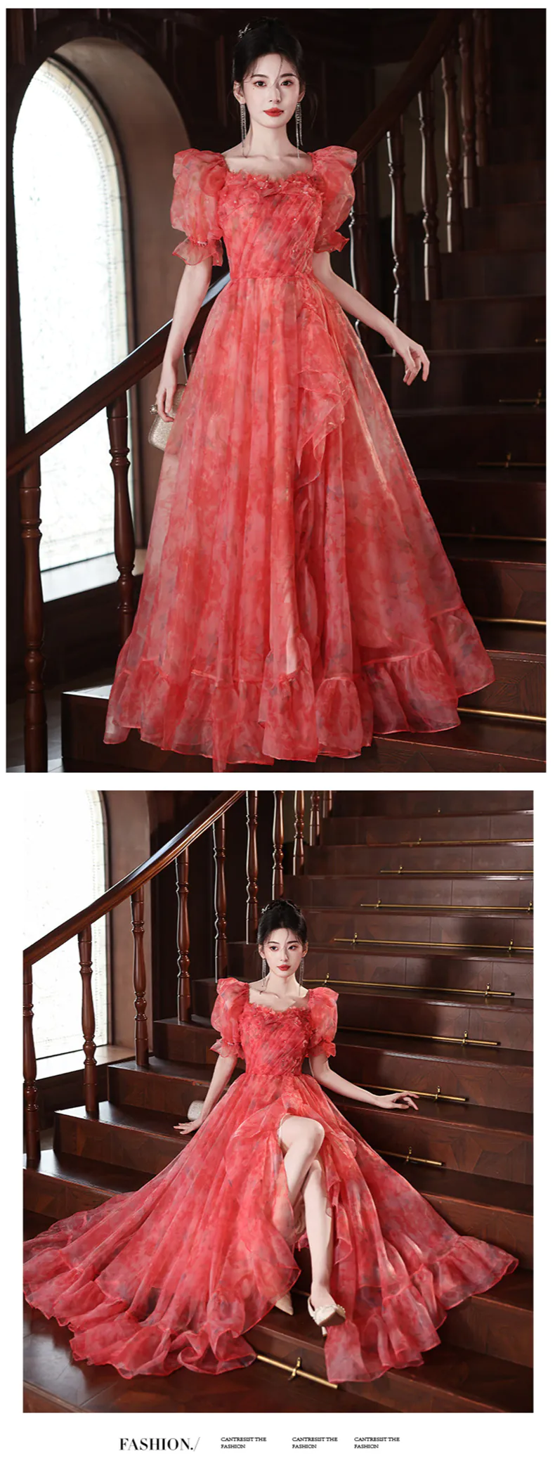 Romantic-A-Line-Red-Organza-Short-Puff-Sleeves-Off-Shoulder-Evening-Dress11