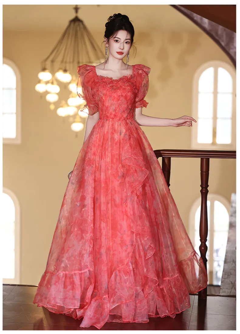 Romantic-A-Line-Red-Organza-Short-Puff-Sleeves-Off-Shoulder-Evening-Dress12