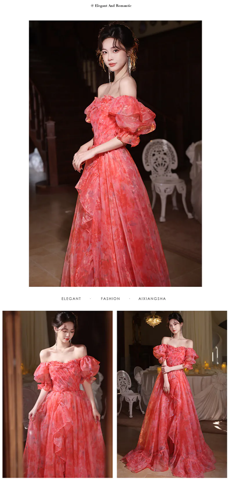 Romantic-A-Line-Red-Organza-Short-Puff-Sleeves-Off-Shoulder-Evening-Dress13