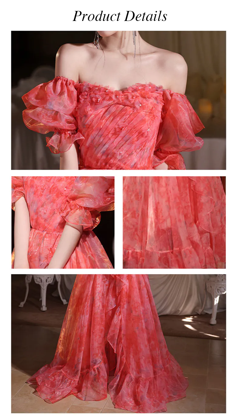 Romantic-A-Line-Red-Organza-Short-Puff-Sleeves-Off-Shoulder-Evening-Dress15