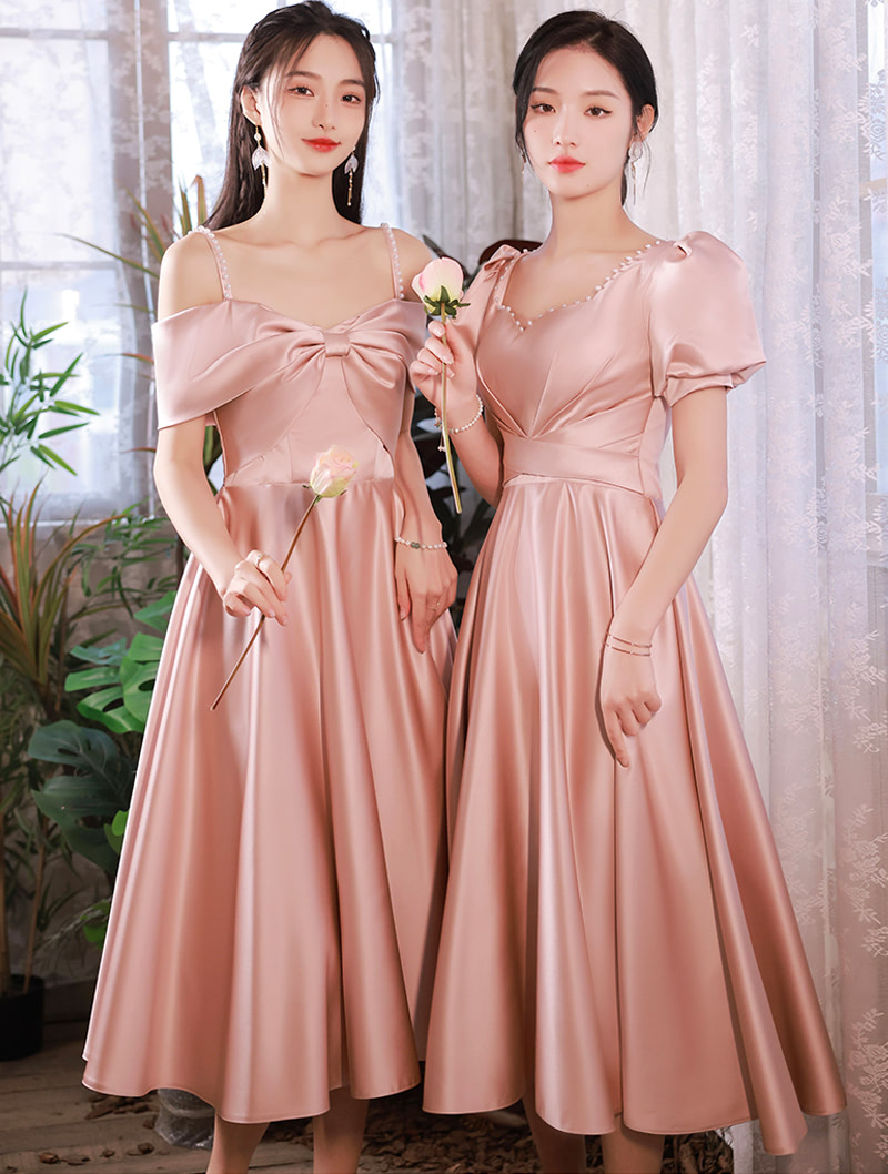 Simple Pink Satin Plus Size Midi Bridesmaid Dress Formal Gown01