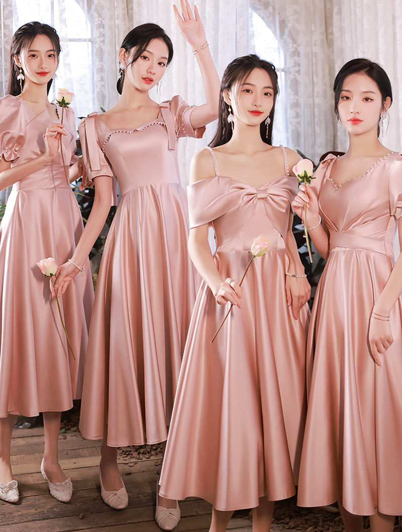 Simple Pink Satin Plus Size Midi Bridesmaid Dress Formal Gown02