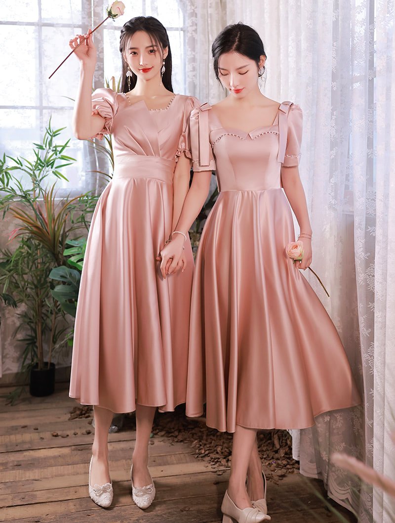 Simple Pink Satin Plus Size Midi Bridesmaid Dress Formal Gown03